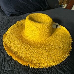 Yellow Frayed Straw Wide Brim Hat | Summer Beach Boho Sun Hat